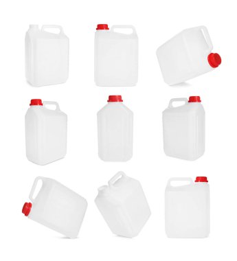 Beyaz arka planda plastik kutu, kolaj. Farklı taraflardan görünüm