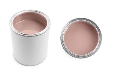 Pastel mercan boyası beyaza izole edilmiş. Üst ve yan görünüm