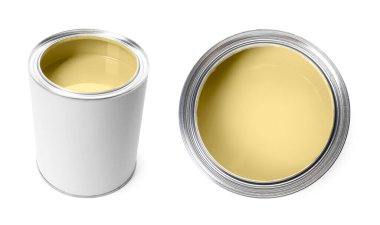 Pastel sarı boya beyaz teneke kutuda izole edilmiş. Üst ve yan görünüm