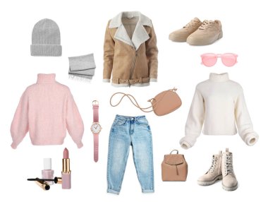 Beyaza izole edilmiş şık kadın kıyafetleri ve aksesuarları. Şık kıyafet kolajı