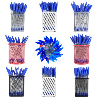 Farklı tutacaklardaki kalemler beyaz üzerine izole edilmiş.