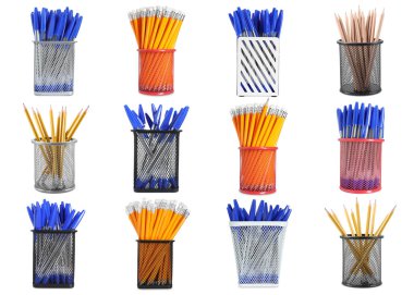 Farklı tutacaklardaki kalemler ve kalemler beyaz, set üzerine izole edilmiş.