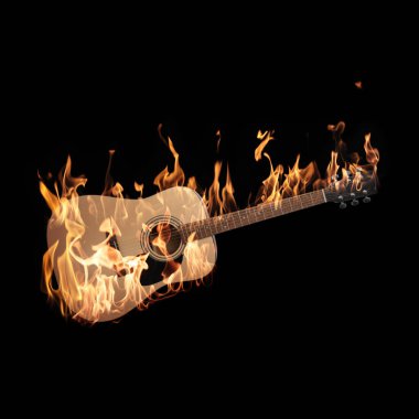 Siyah arka planda alevler olan akustik gitar.