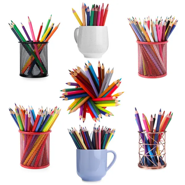 Farklı tutacaklardaki renkli kalemler beyaz, set üzerine izole edilmiş
