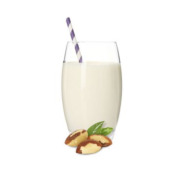Bardakta fındık sütü ve beyazda Brezilya fındığı.