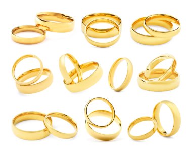 Beyaz arka planda parlak altın alyanslar, kolaj