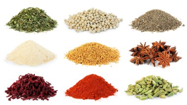 Beyaz arka planda farklı aromatik baharatlar, kolaj