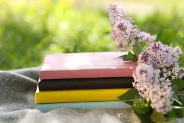 Yığınla kitap, leylak çiçekleri ve yeşil çimlerin üzerinde battaniye, yakın plan.