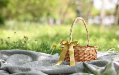 Dışarıdaki battaniyenin üzerinde sepet var. Metin için boşluk