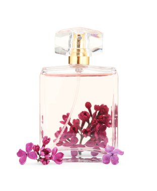 Bir şişe lüks parfüm ve beyaza ayrılmış leylak çiçekleri.