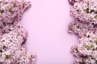 Pembe arka planda güzel leylak çiçekleri, manzaranın üstünde. Metin için boşluk