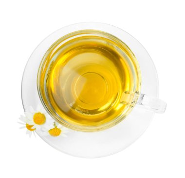 Cam bardakta nefis papatya çayı ve beyaza izole edilmiş taze çiçekler.