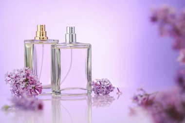 Ayna yüzeyindeki parfüm şişeleri ve leylak çiçekleri menekşe eğimli arka plan, seçici odak