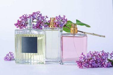Açık gri arka planda leylak çiçekli parfüm şişeleri ve dallar, yakın plan.