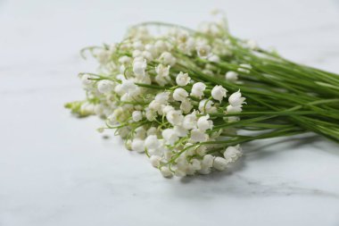 Beyaz mermer arka planda güzel vadi zambağı çiçekleri, yakın plan