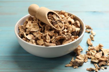 Kuru hindiba kökleri ve kaptaki kepçe mavi ahşap masa, yakın plan.