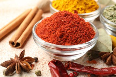 Renkli tabloda farklı aromatik baharatlar, yakın plan.