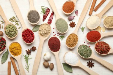 Beyaz ahşap masadaki kaşıklardaki farklı aromatik baharatlar.