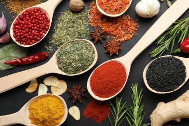 Siyah masadaki kaşıklardaki farklı aromatik baharatlar.