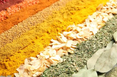 Arkaplan olarak birçok farklı baharat, yakın görünüm