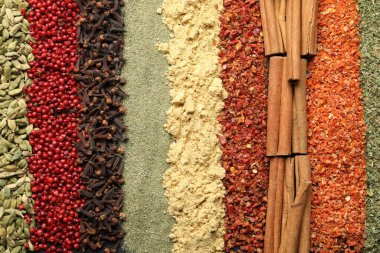 Arka plan olarak birçok farklı baharat, üst görünüm