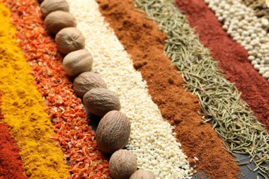 Arkaplan olarak birçok farklı baharat, yakın görünüm