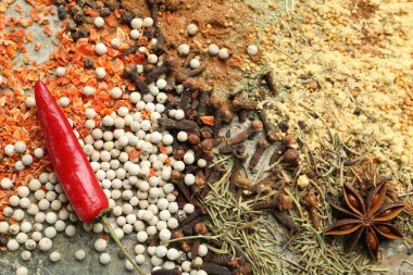 Arka plan olarak birçok farklı baharat, üst görünüm