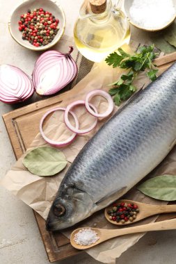 Açık gri masada tuzlanmış ringa balığı ve baharatlar, düz uzanmış.
