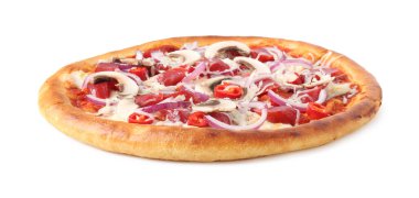 Tütsülenmiş sosis ve beyaz mantarlı lezzetli pizza.