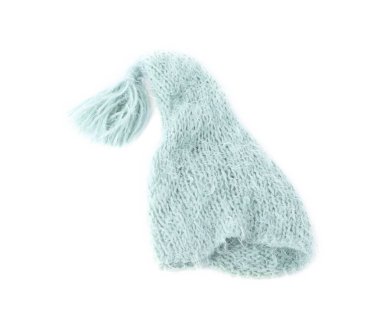 Bir turkuaz yün şapka beyaza izole edilmiş, üst manzara