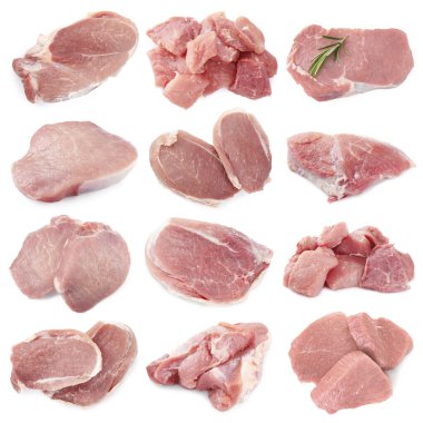 Beyaz arka planda taze çiğ domuz eti, kolaj.