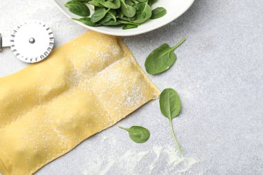 Pişmemiş mantı ve ıspanak ışık masasında, düz yatıyordu.