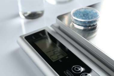 Beyaz arka planda Petri kabı ile laboratuvar ölçeği, yakın plan