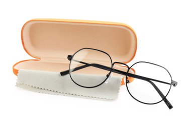 Case with stylish glasses and cleaning cloth isolated on white