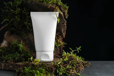 Nemlendirici vücut kremi, ağaç kabuğu ve bitkiler gri masada, yakın plan. Metin için boşluk