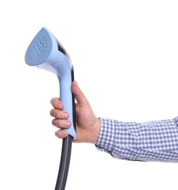 Beyaz arka planda buharlı adam, yakın plan