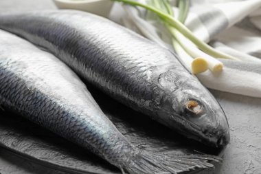 Tuzlu ringa balıkları ve yeşil soğanlar gri masada, yakın plan.