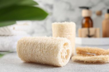 Açık gri masada farklı lif süngeri ve kozmetik ürünleri, yakın plan.