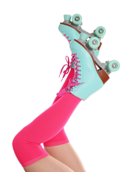 Woman in roller skates on white background, closeup