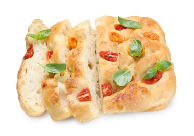 Domates ve fesleğenle bembeyaz kesilmiş enfes Focaccia.