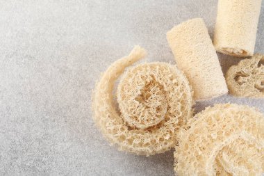 Açık gri masada farklı lif süngerleri, düz yatış. Metin için boşluk