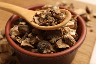 Kuru hindiba kökleri kasede ve kaşıkta masa üzerinde, yakın plan.