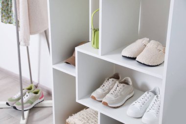 İçeride farklı ayakkabı ve aksesuarlara sahip raf ünitesi, yakın çekim. Ayakkabı deposu