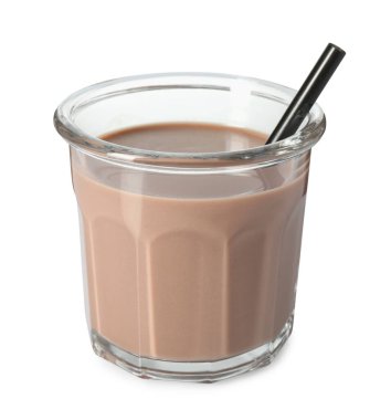 Lezzetli çikolatalı süt ve beyaz bardakta saman.