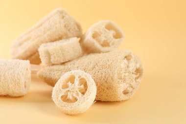 Bej arka planda farklı lif süngerleri, yakın plan