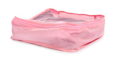 Bir pembe paket küpü beyaza izole edilmiş.
