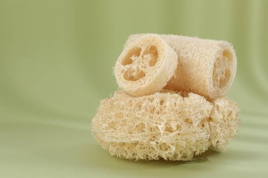 Zeytin arka planında farklı lif süngerleri, yakın plan. Metin için boşluk