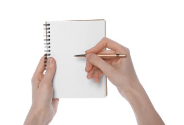 Beyaz arkaplanda kalem ve defter olan kadın, yakın plan