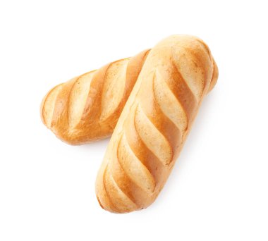 İki somun ekmek, beyaza izole edilmiş, üst manzara.