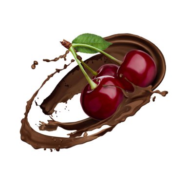Çikolata damlaları ve sulu kirazlar beyaz arka planda havada
